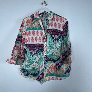 Chico's Green Red Paisley Floral Linen 3/4 Sleeve Button-Up No-Iron Shirt Size 2